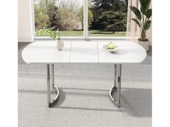 Mesa de comedor extensible blanca 140/180 x 80 cm, adecuada para 4 a 6 personas, patas de metal plateado