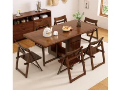Mesa de comedor extensible y compacta, mesa de cocina de madera de 130 cm con almacenamiento y ruedas 360°, para 2 a 6 personas, acabado nogal