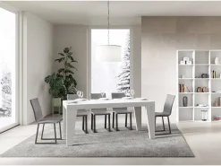 Mesa de comedor extensible de madera Naxo.-Color Blanco-Soporte 2 pies-Alargaderas -Ancho extensible
