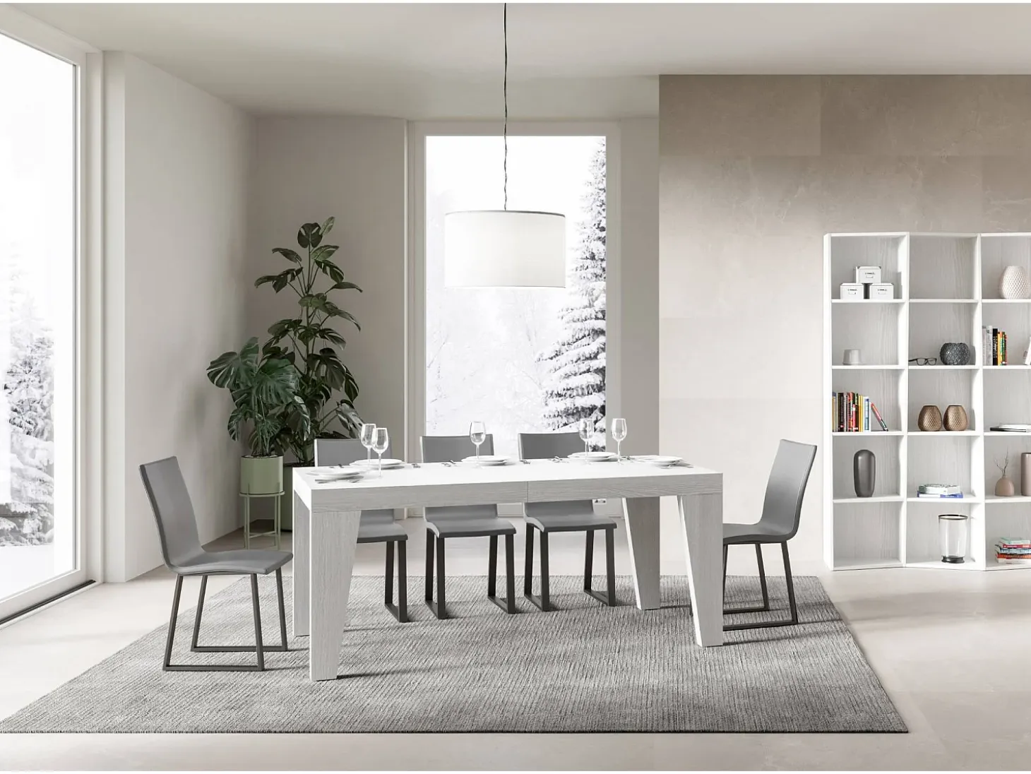 Mesa de comedor extensible de madera Naxo.-Color Blanco-Soporte 2 pies-Alargaderas -Ancho extensible