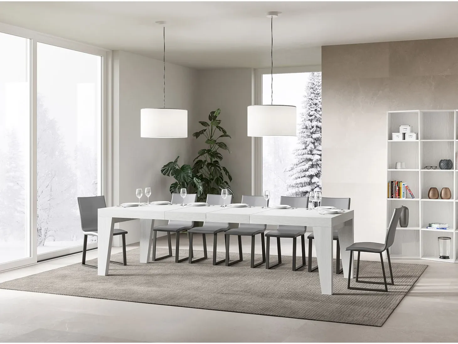 Mesa de comedor extensible de madera Naxo.-Color Blanco-Soporte 2 pies-Alargaderas -Ancho extensible