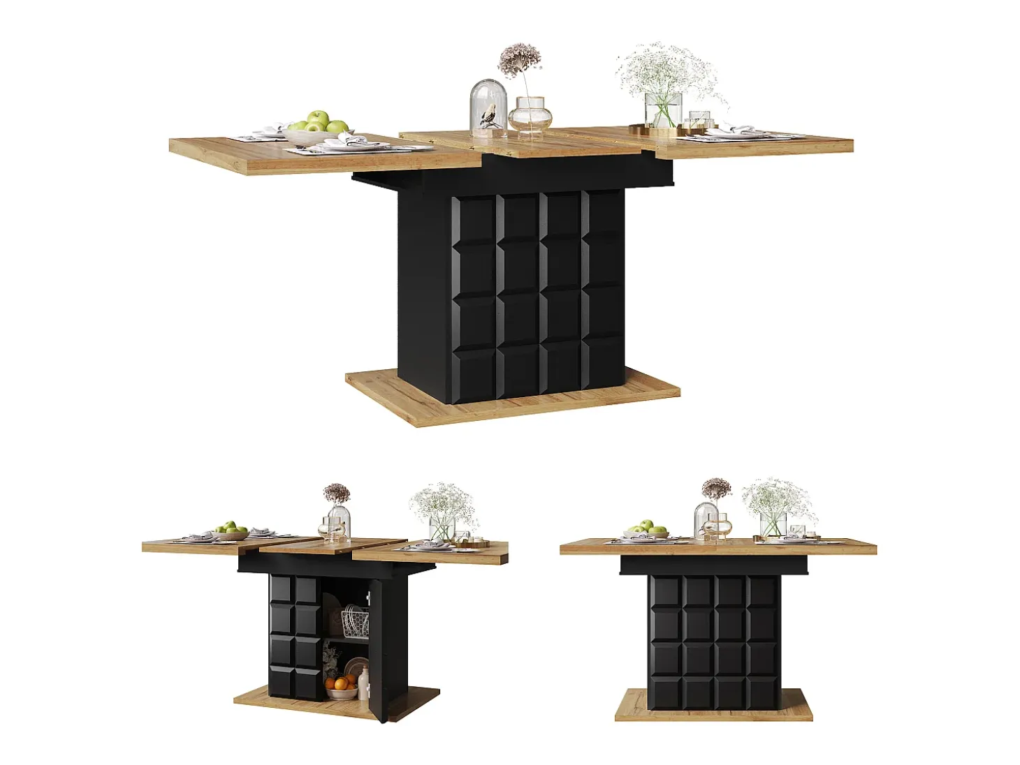 Mesa de comedor extensible 110-140×80cm - 4-6 personas - con 2 puertas - mesa de cuadros - Negro