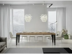 Mesa de comedor extensible Flavio-Color Gris cemento-Base y soporte con ruedas-Alargaderas -Ancho extensible