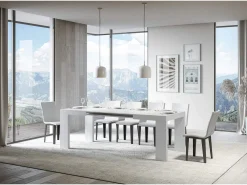Mesa de comedor extensible de madera Ribo-Color Blanco-Base y soporte con ruedas-5 alargaderas finas-Ancho extensible