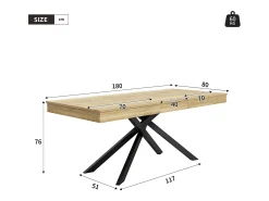 Mesa de comedor extensible - 140/180 x 80 x 76 cm - para 6 a 8 personas - patas de metal - MDF - natural