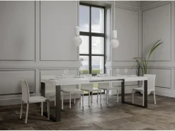 Mesa de comedor extensible tiroz-Color Blanco-Base y soporte con ruedas-5 alargaderas finas-Ancho extensible
