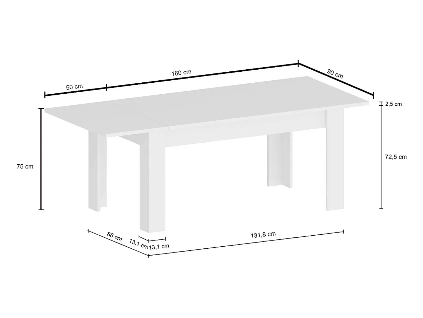 Mesa de comedor extensible 160-210x90cm diseño moderno de madera blanca Jesi Larch