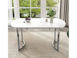 Mesa de comedor extensible para 4 a 6 personas - 140/180 x 80 x 75,5 cm - Madera MDF y patas de metal - Blanco + plata