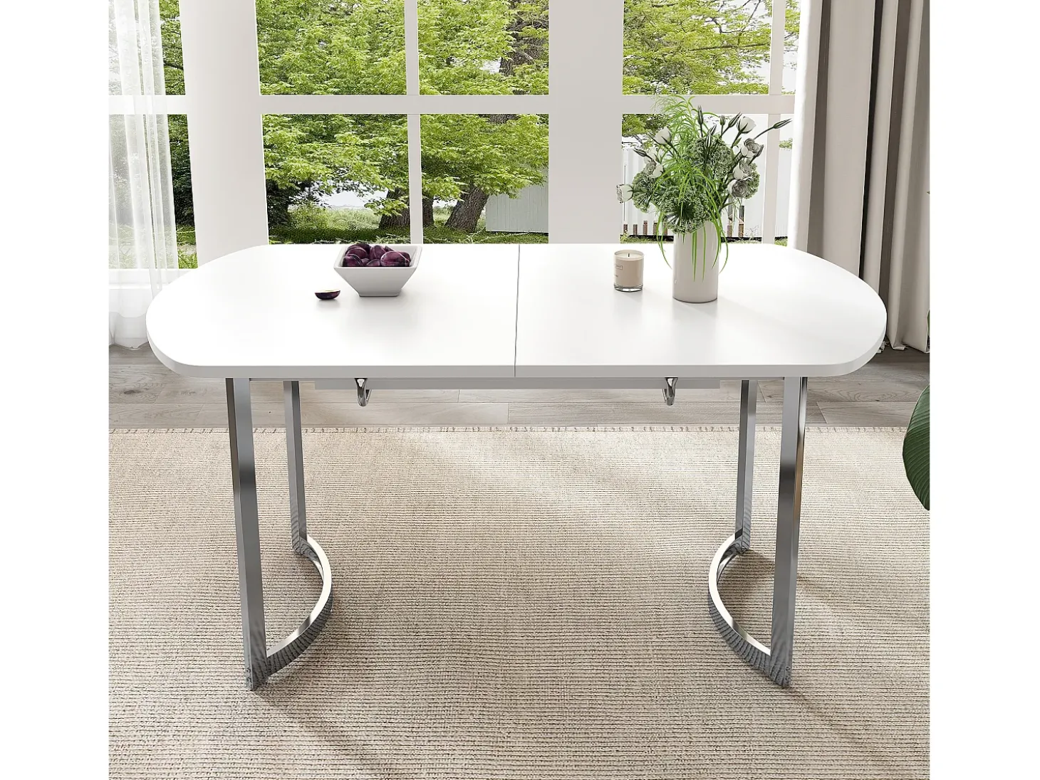 Mesa de comedor extensible para 4 a 6 personas - 140/180 x 80 x 75,5 cm - Madera MDF y patas de metal - Blanco + plata