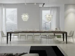 Mesa de comedor extensible Flavio-Color Marrón-Soporte 2 pies-5 alargaderas finas-Ancho extensible