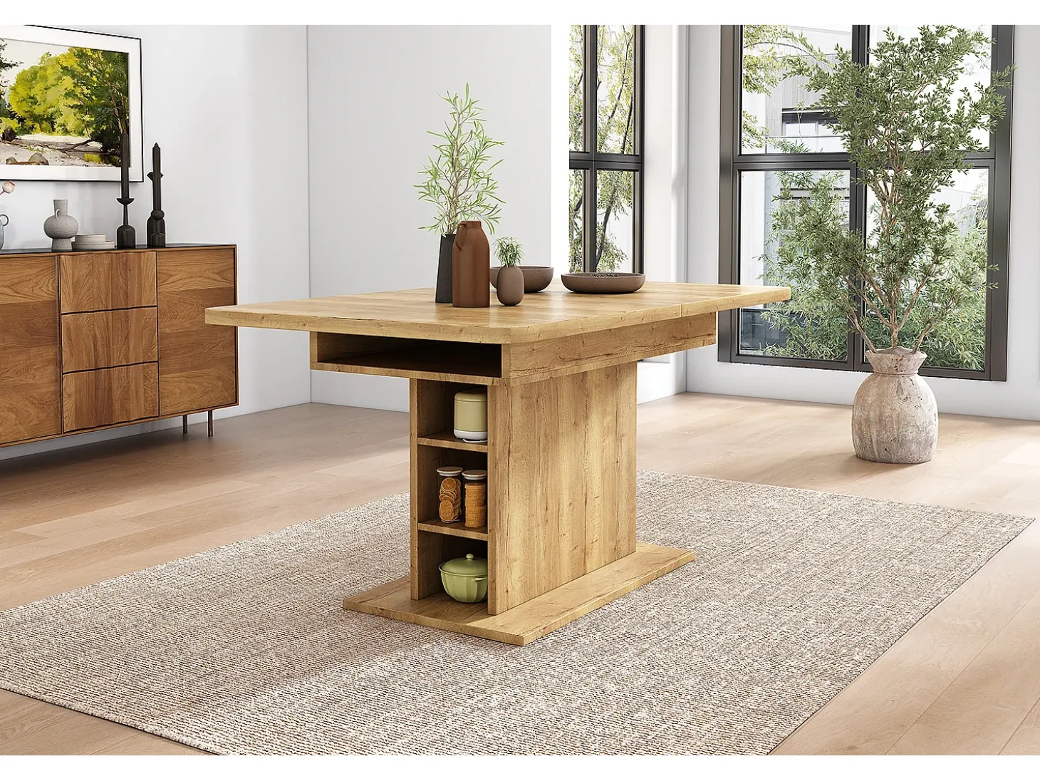 Mesa de comedor extensible de madera PB con espacio de almacenamiento - Natural claro