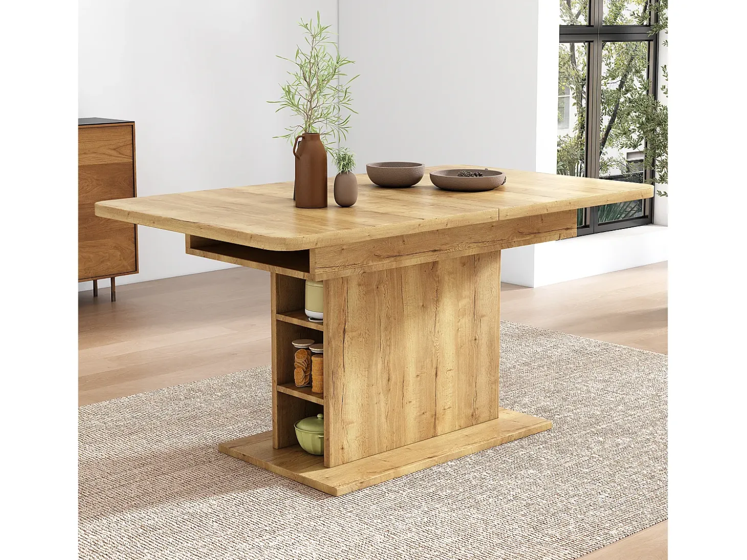 Mesa de comedor extensible de madera PB con espacio de almacenamiento - Natural claro