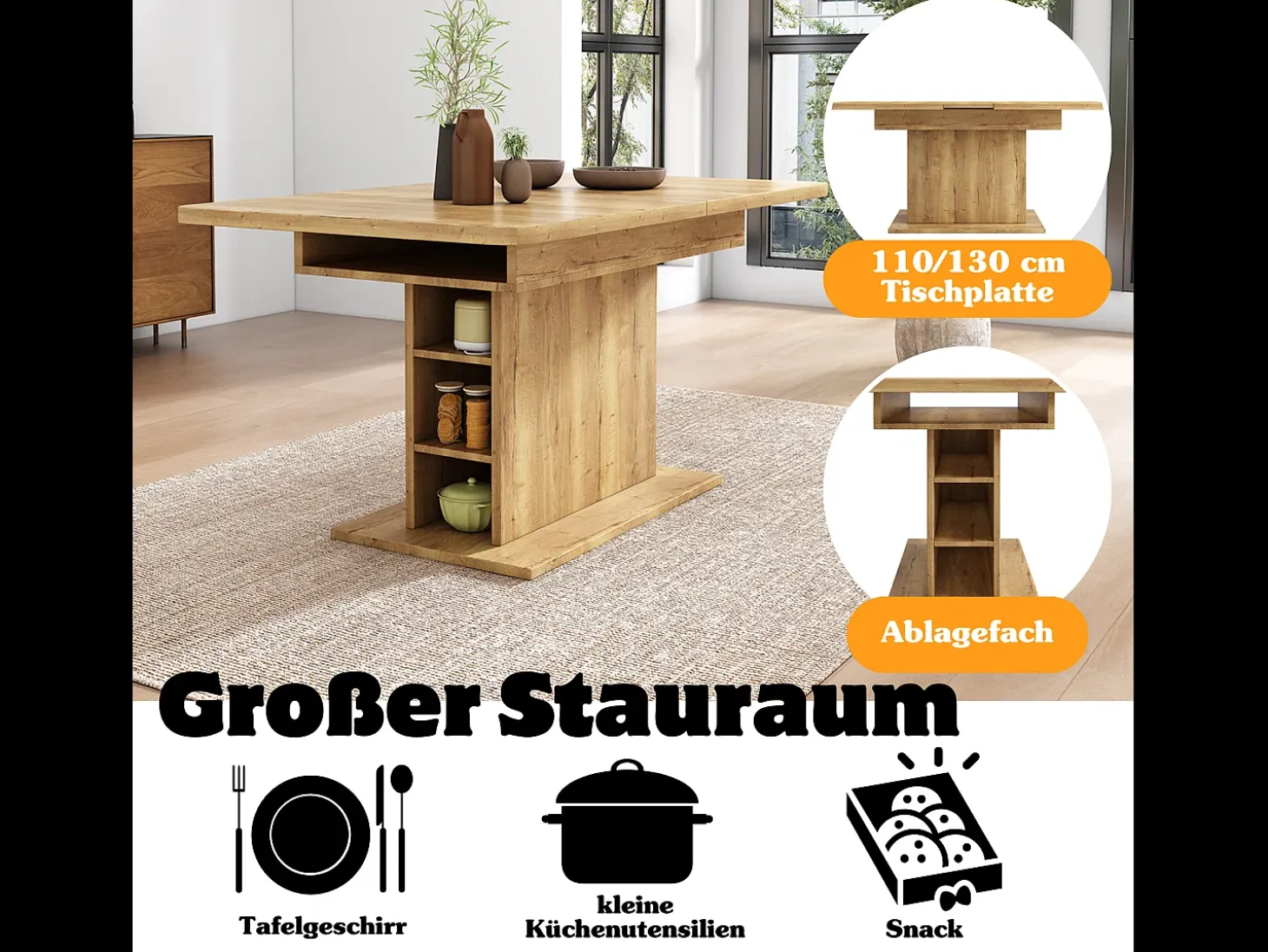 Mesa de comedor extensible de madera PB con espacio de almacenamiento - Natural claro