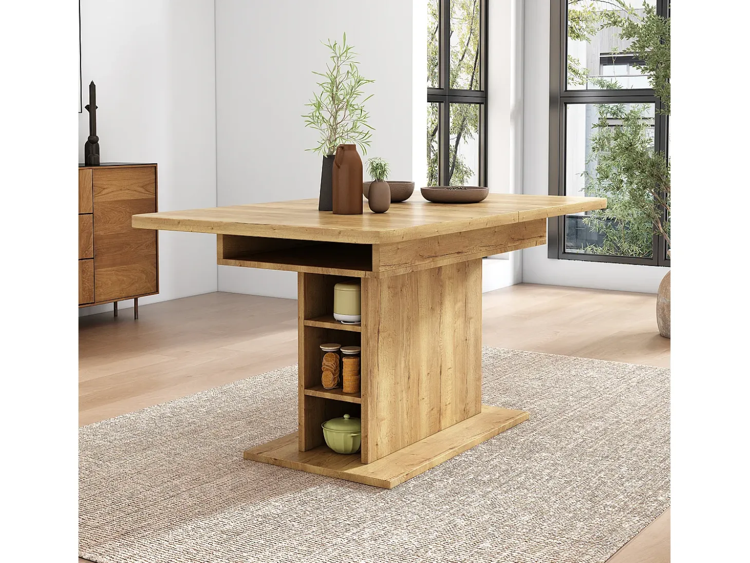 Mesa de comedor extensible de madera PB con espacio de almacenamiento - Natural claro