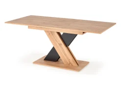 Mesa de comedor extensible APODIS con pata central bicolor y tablero de aspecto roble