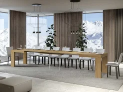 Mesa de comedor extensible de madera Ribo-Color Natural-Base y soporte con ruedas-5 alargaderas finas-Ancho extensible