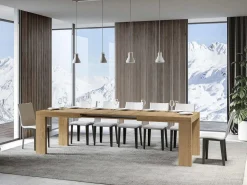 Mesa de comedor extensible de madera Ribo-Color Natural-Base y soporte con ruedas-5 alargaderas finas-Ancho extensible