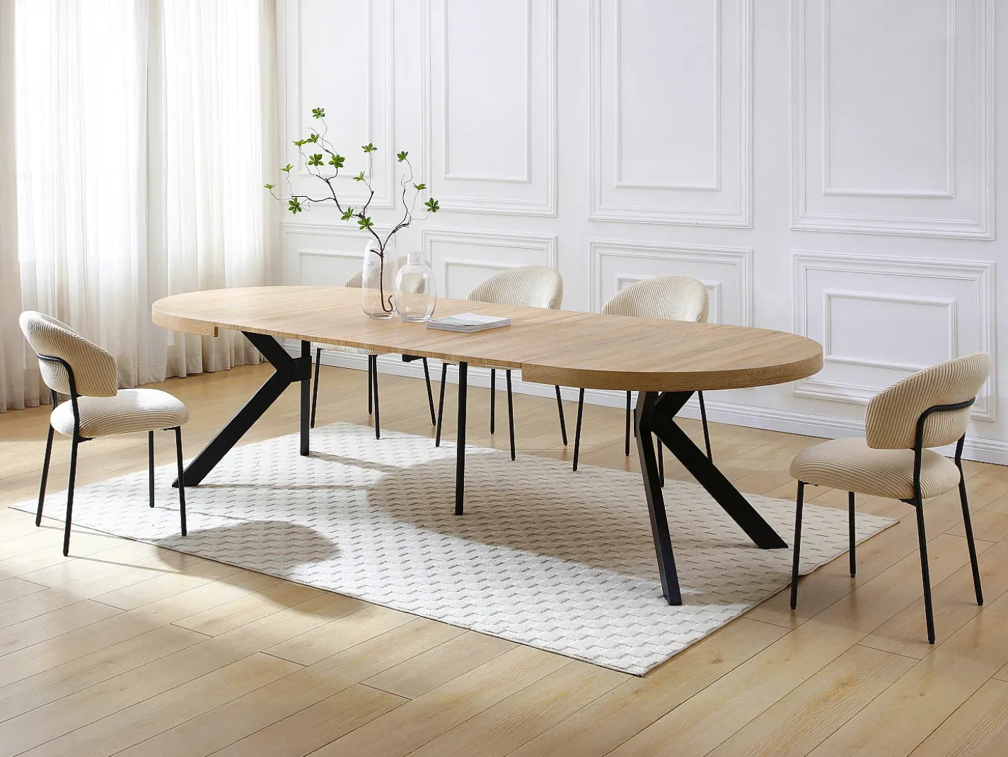 Mesa de comedor extensible 6 a 12 comensales de MDF y acero - Natural y negro - KOMONI