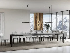 Mesa de comedor extensible Karry evolución-Color Gris cemento-Base y soporte con ruedas-Ancho extensible