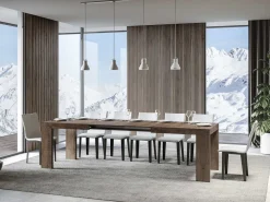 Mesa de comedor extensible de madera Ribo-Color Marrón-Base y soporte con ruedas-Alargaderas -Ancho extensible