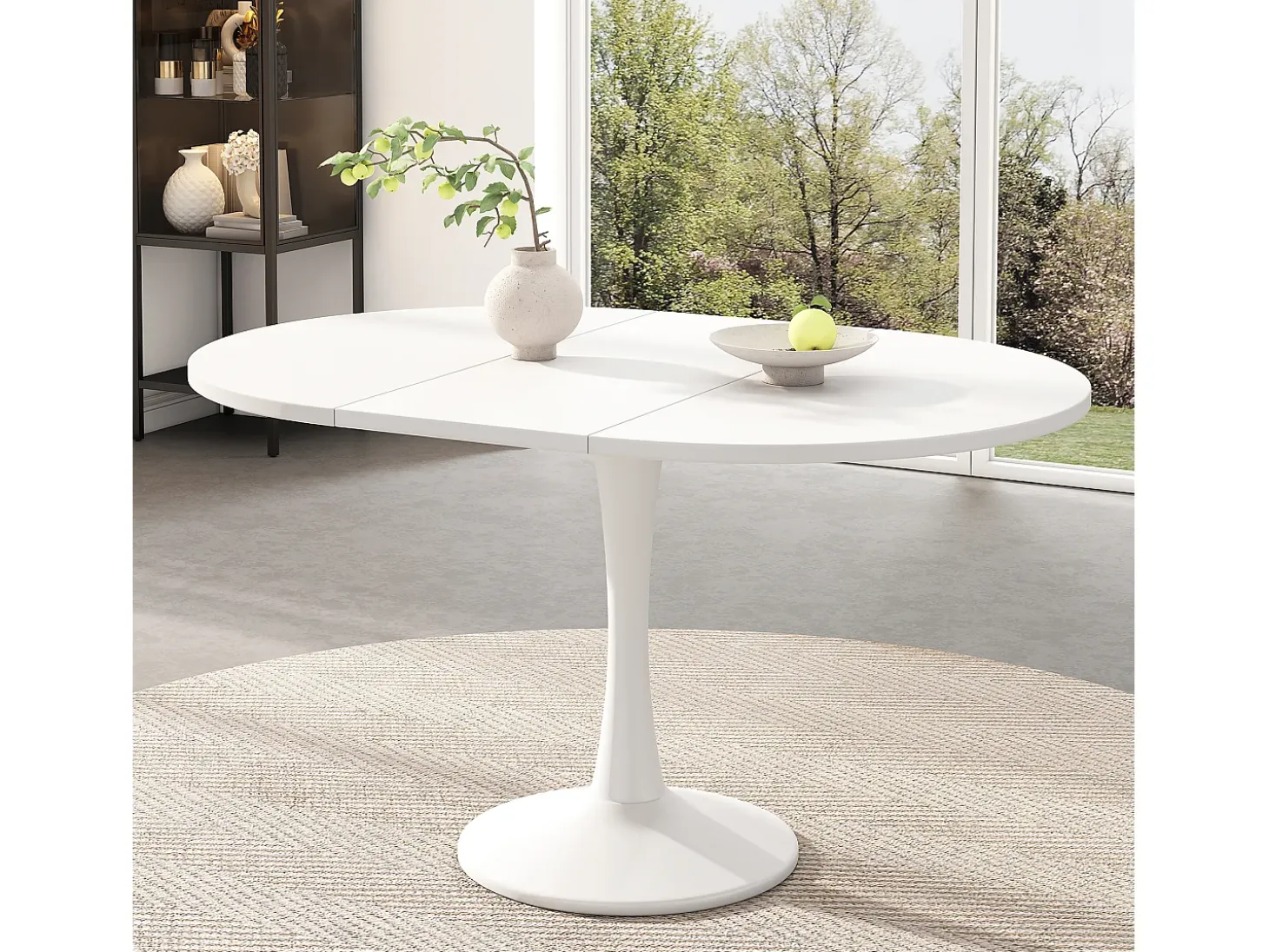 Mesa de comedor extensible ovalada para 4-6 personas 140x100cm en MDF con pata central, color blanco