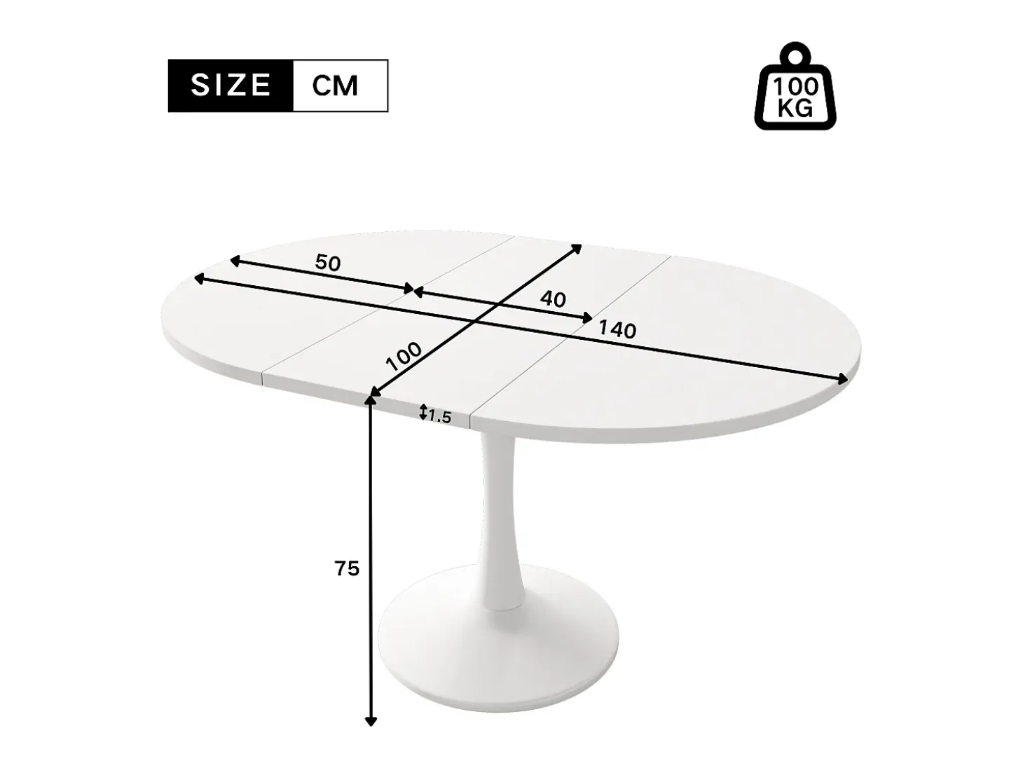 Mesa de comedor extensible ovalada para 4-6 personas 140x100cm en MDF con pata central, color blanco