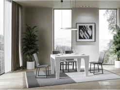Mesa de comedor extensible de madera Kristo patas en V-Color Blanco-Base y soporte con ruedas-Alargaderas -Ancho extensible