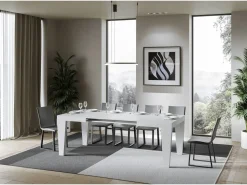 Mesa de comedor extensible de madera Kristo patas en V-Color Blanco-Base y soporte con ruedas-Alargaderas -Ancho extensible