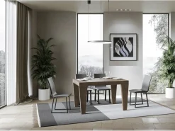 Mesa de comedor extensible de madera Kristo patas en V-Color Marrón-Soporte 4 pies-5 alargaderas finas-Ancho extensible