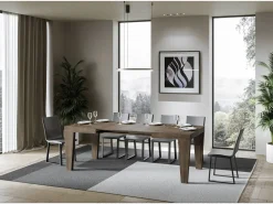 Mesa de comedor extensible de madera Kristo patas en V-Color Marrón-Soporte 4 pies-5 alargaderas finas-Ancho extensible