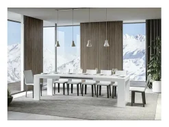 Mesa de comedor extensible de madera Ribo-Color Blanco-Soporte 4 pies-5 alargaderas finas-Ancho extensible