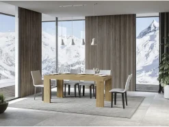 Mesa de comedor extensible de madera Ribo-Color Blanco-Soporte 4 pies-5 alargaderas finas-Ancho extensible