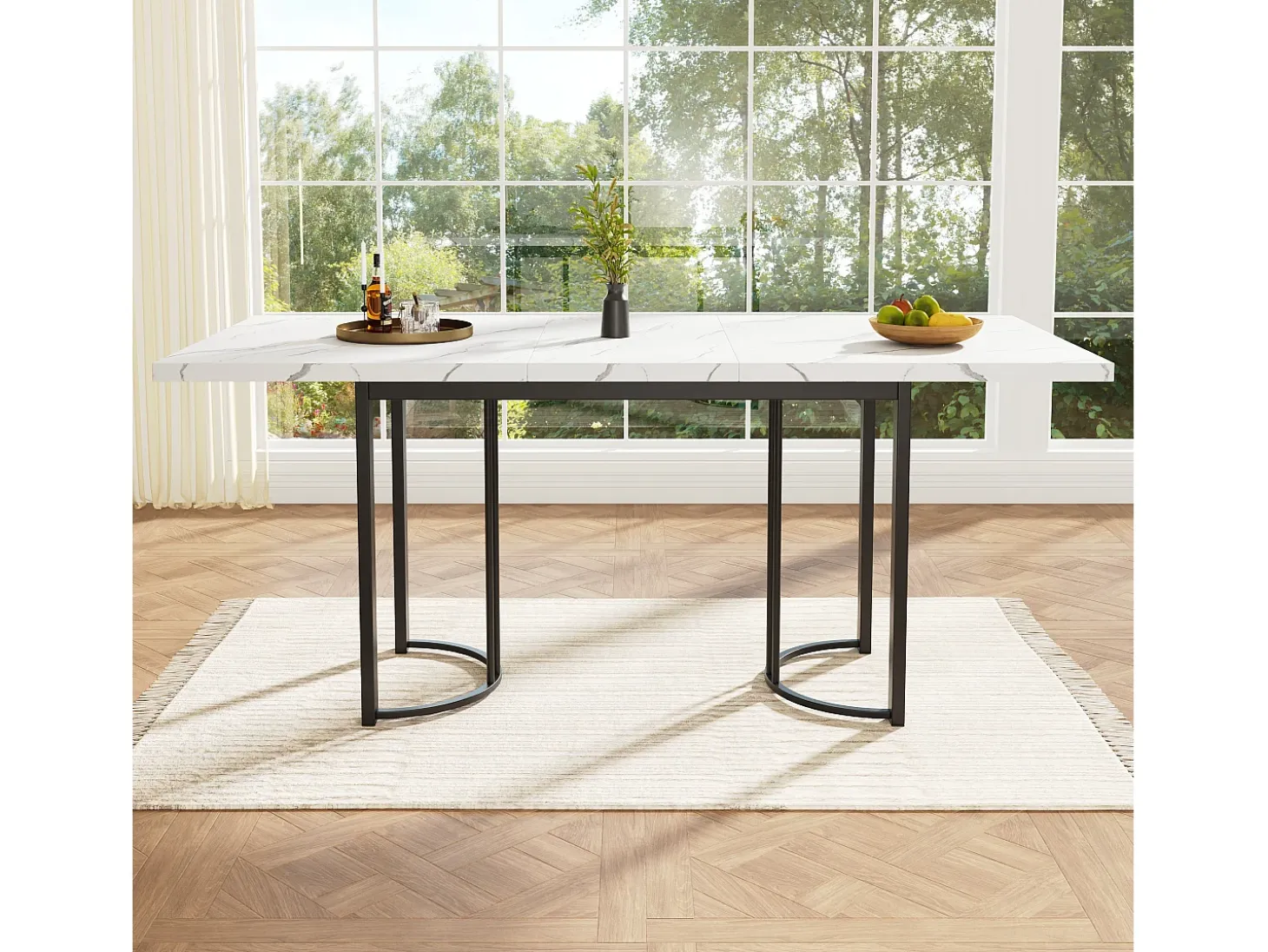 Mesa de comedor extensible (140-179.5 x 80 cm) - en MDF y metal - tablero efecto mármol - Blanco