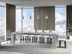 Mesa de comedor extensible de madera Ribo-Color Gris cemento-Base y soporte con ruedas-5 alargaderas finas-Ancho extensible