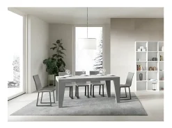 Mesa de comedor extensible de madera Naxo.-Color Gris cemento-Soporte 2 pies-5 alargaderas finas-Ancho extensible