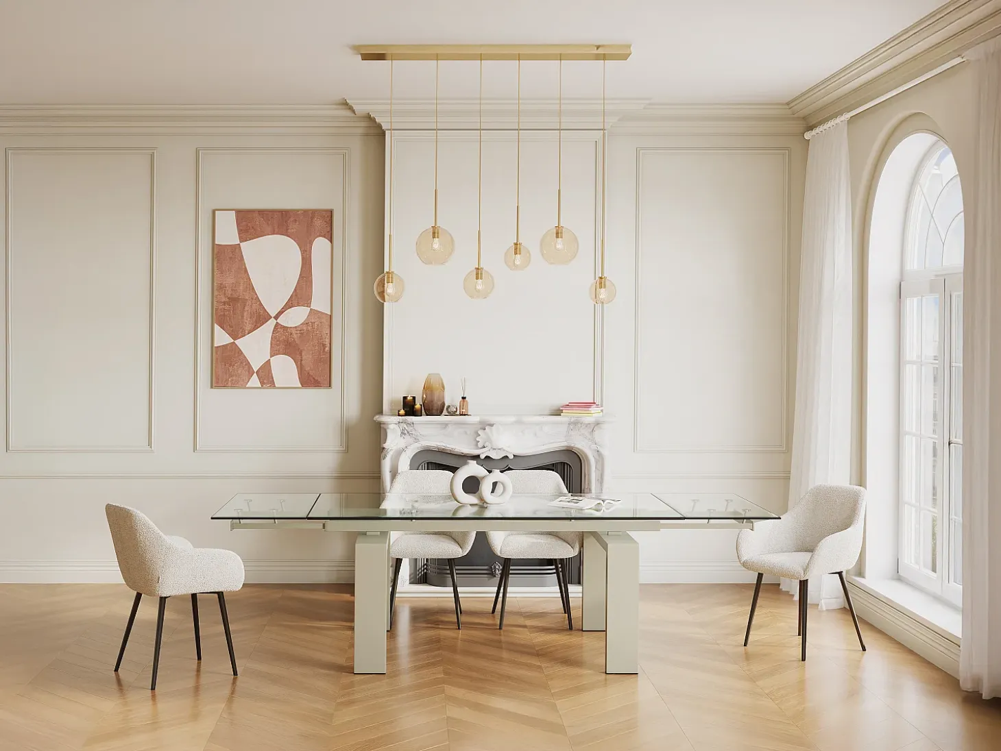 Mesa de comedor extensible en cristal templado y metal - Transparente y Beige - LUBANA