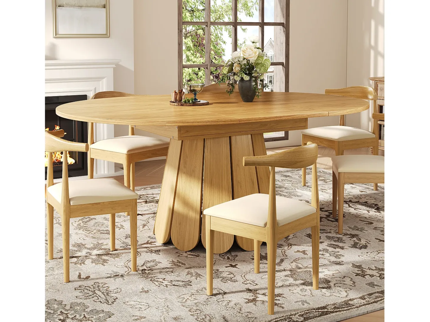 Mesa de comedor extensible redonda/ovalada, MDF, acabado madera natural (118x118x76cm)