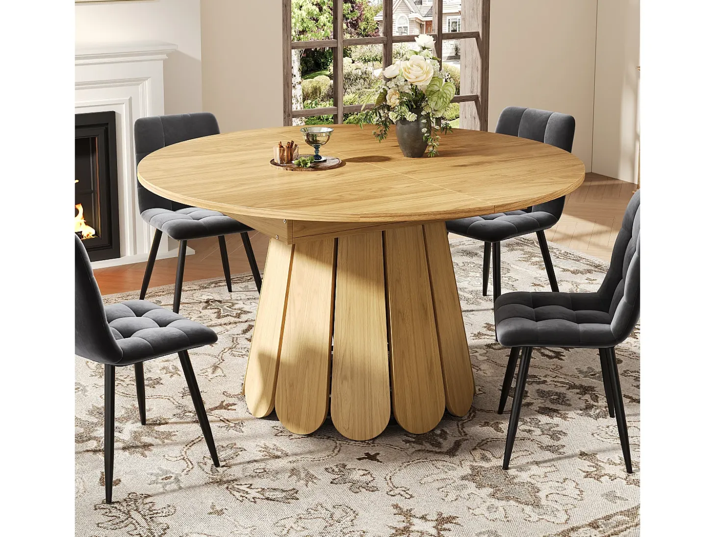 Mesa de comedor extensible redonda/ovalada, MDF, acabado madera natural (118x118x76cm)