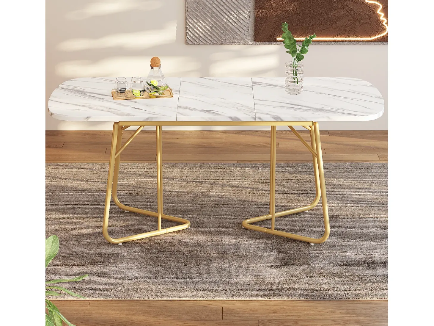 Mesa de comedor extensible para 4 a 6 cubiertos - L 140/180 x W 80 x H 75 cm - Madera MDF y metal - Diseño mármol - Blanco