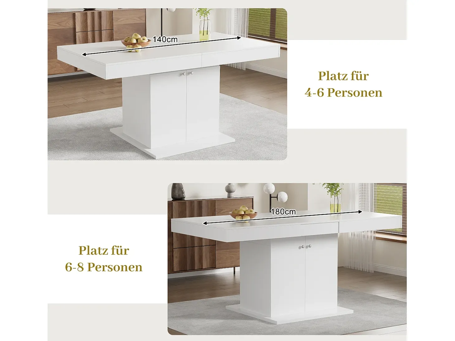 Mesa de comedor extensible con almacenaje, función automática, Aglomerado, Blanco, (140/180x80x76 cm)
