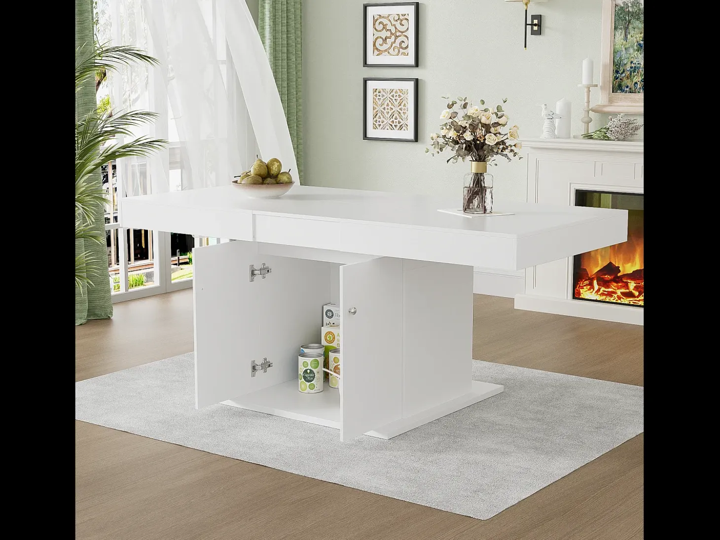Mesa de comedor extensible con almacenaje, función automática, Aglomerado, Blanco, (140/180x80x76 cm)