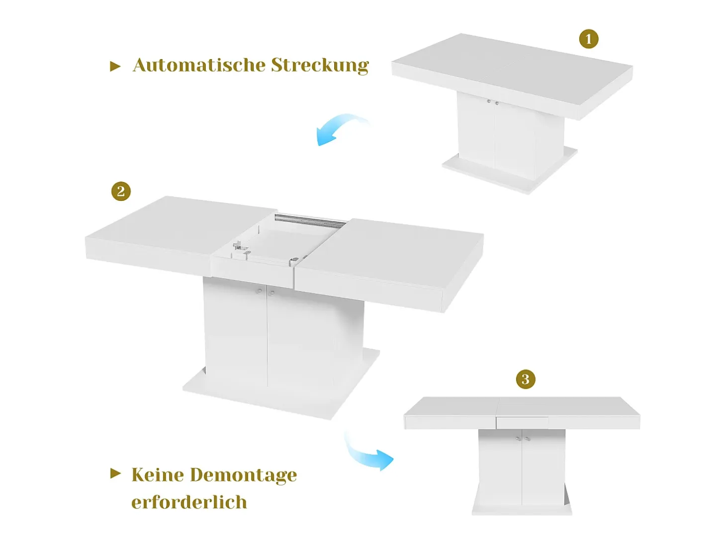 Mesa de comedor extensible con almacenaje, función automática, Aglomerado, Blanco, (140/180x80x76 cm)