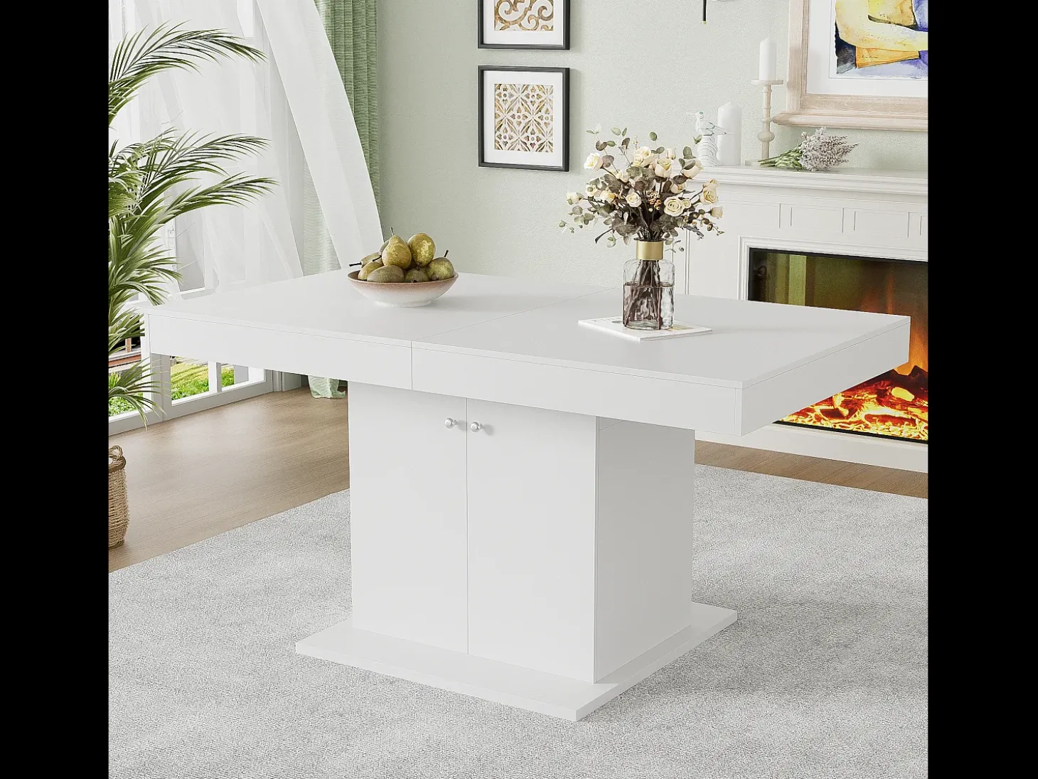 Mesa de comedor extensible con almacenaje, función automática, Aglomerado, Blanco, (140/180x80x76 cm)