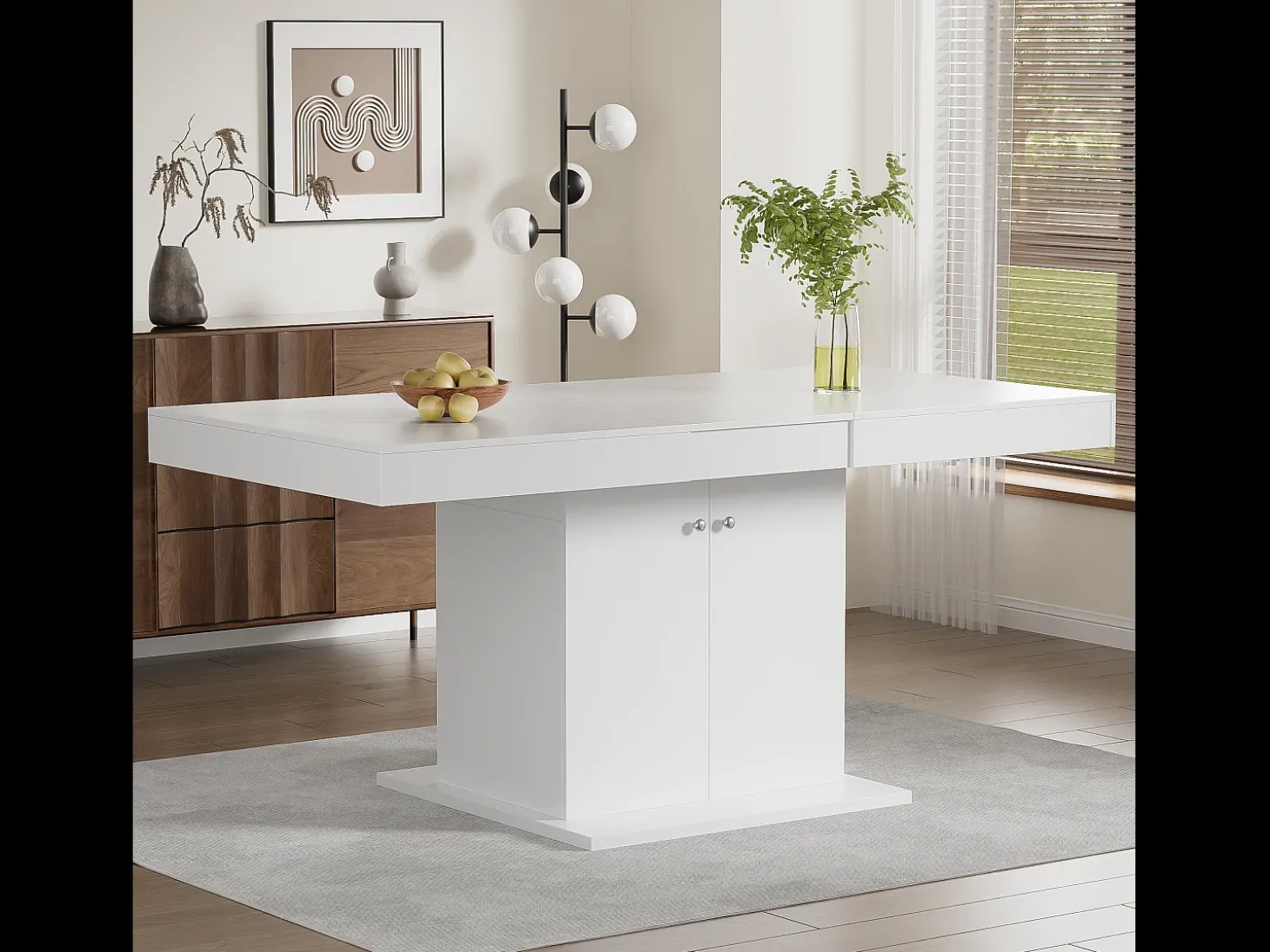Mesa de comedor extensible con almacenaje, función automática, Aglomerado, Blanco, (140/180x80x76 cm)