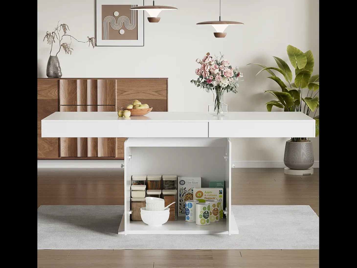 Mesa de comedor extensible con almacenaje, función automática, Aglomerado, Blanco, (140/180x80x76 cm)