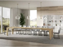 Mesa de comedor extensible de madera Naxo.-Color Natural-Base y soporte con ruedas-5 alargaderas finas-Ancho extensible