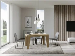 Mesa de comedor extensible de madera Naxo.-Color Natural-Base y soporte con ruedas-5 alargaderas finas-Ancho extensible
