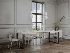 Mesa de comedor extensible tiroz-Color Blanco-Base y soporte con ruedas-5 alargaderas finas-Ancho extensible