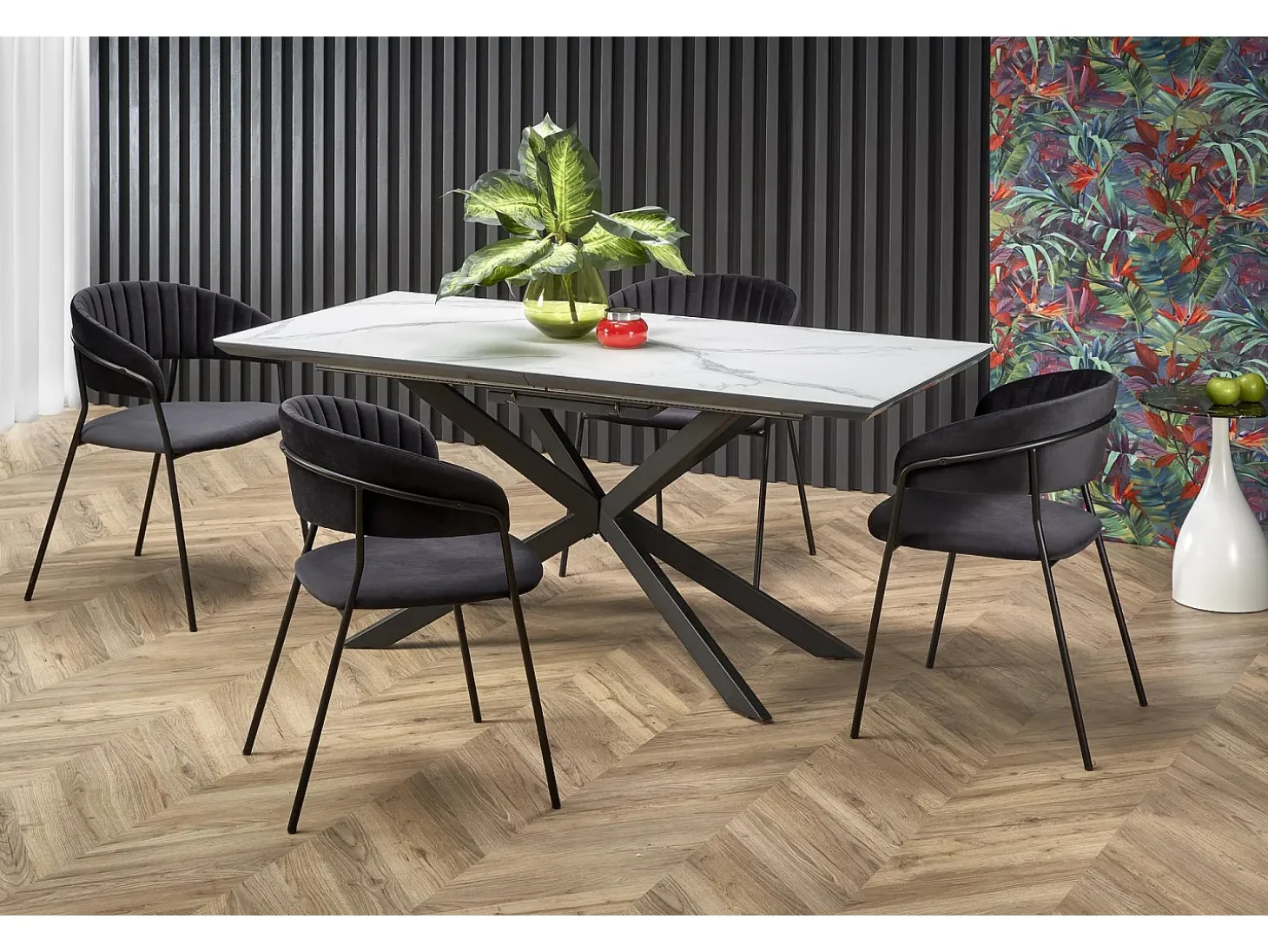 Mesa de comedor extensible ODUNA con tablero de aspecto mármol y pata central de metal negro