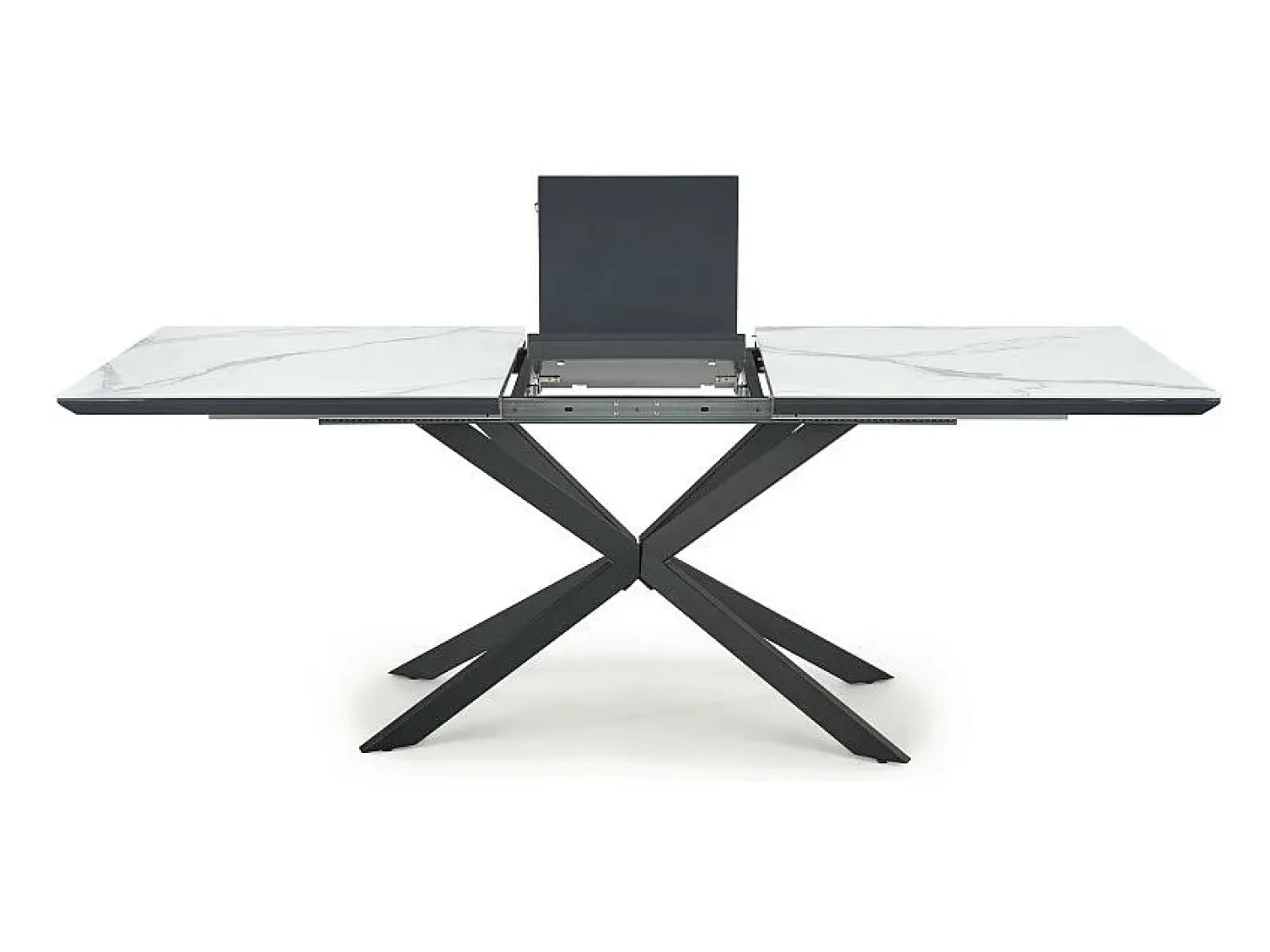 Mesa de comedor extensible ODUNA con tablero de aspecto mármol y pata central de metal negro
